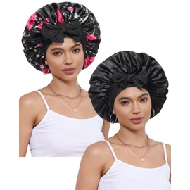 2 PCS Satin Bonnet Hair Bonnet for Sleeping Women Satin Hair Wrap with Elastic Tie Band Sleep Night Cap for Curly Hair (Black Flower+Black)