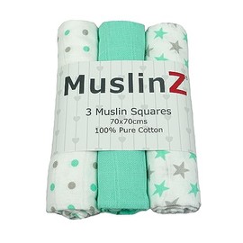 MuslinZ Baby Muslin Squares Burp Cloths 3 Pack 100% Pure Cotton, 70cms, Baby Essential, Soft Breathable and Absorbent (Mint Star)