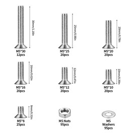 327 Pcs M5 Screws Set, Countersunk Bolts and Nuts, Flat Head Machine Screw Nuts and Bolt with Washers, Cross Head screws solts and nuts Assortment Kit(M5, Silver)