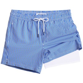 maamgic Mens Swim Trunks with Compression Liner 5" Stretch Beach Shorts Quick Dry with Zipper Pockets No-Chafing Board Shorts Blue White Stripe M