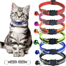 Cat Collar with Bell, 6pcs Reflective Cat Collars with 2pcs Anti-Lost Name Tag, Adjustable Strap Quick Release Kitten Collar with Bells for Outdoor Indoor Small Animal