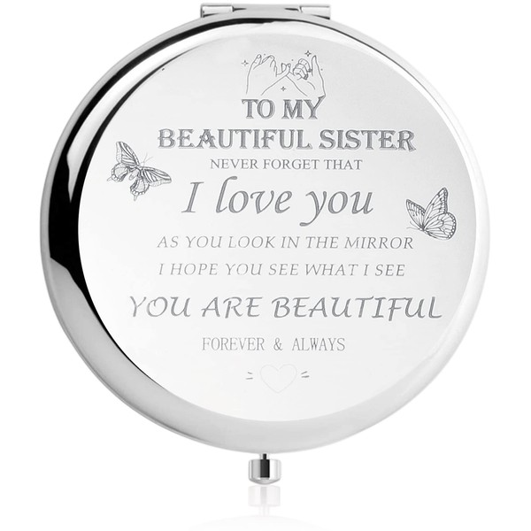 Sister Gifts-Gifts for Women-Women Personalized Engraved Quote Inspirational Friendship Mirror -Birthday,Valentines Day ,Graduation ,Thanksgiving or Christmmas Gifts for Best Sister,Friend (Silver)