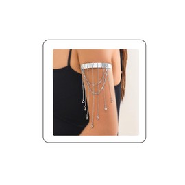 Rannyrena Dainty Bead Crystal Star Tassel Upper Arm Cuff Punk Long Chain Tassel Arm Bangle Bracelet Silver Greek Layered Coin Armlet Open Cuff Armband Beach Wedding Body Jewelry for Women, adjustable,