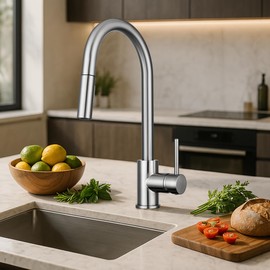 Pacific Bay Bellevue Pull-Down Kitchen Faucet – Single-Handle with in-Line Sprayer, Multiple Spray Functions, High-Arc Design - Brushed Satin Nickel