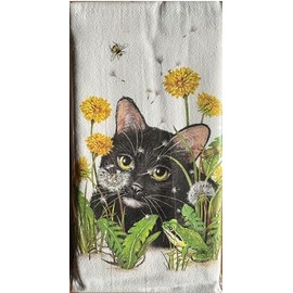Mary Lake-Thompson 100% Cotton Flour Sack Dish Towel with a Black Cat in Dandelions