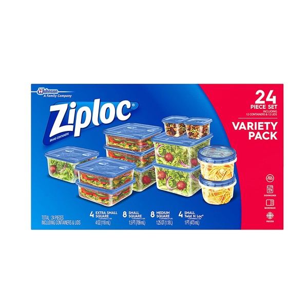 Ziploc Food Storage Meal Prep Containers Reusable for Kitchen Organization, Dishwasher Safe, Variety Pack, 24 Piece Set