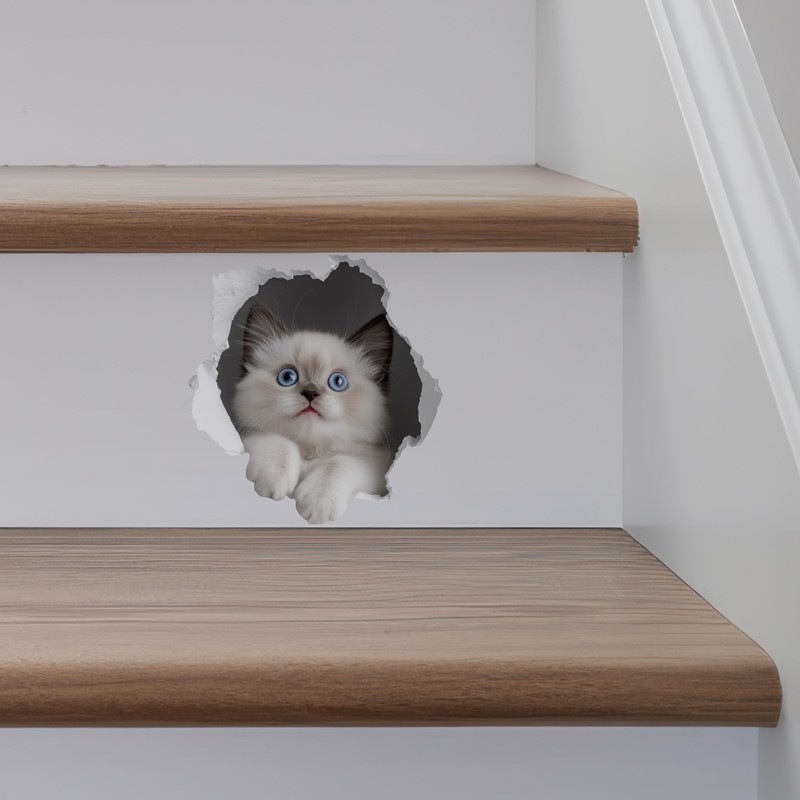 White Cat Decal - Wall Hole Sticker with 3D Effect
