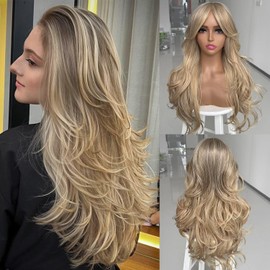 Platinum Blonde Highlight Layered Wigs with Bangs Long Golden Blonde Layered Wig with Curtain Bang for Black White Women Long Ombre Ash Brown Highlight Wavy Synthetic Light Brown Hair 24Inch