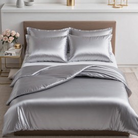 Cozyor Satin Bed Linen 155 x 220 cm Extra Thick and Soft with Robust Zip 2 x Pillowcases 80 x 80 cm Elegant Satin 3-Piece Light Grey Moonlight