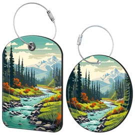 iapodiad 2 Pack Idea Luggage Tag for Suitcases Mountain and River Travel Leather Luggage Tags with Name Address Privacy Flap and Steel Loop Airport Cruise Baggage Tags (Square and Round)