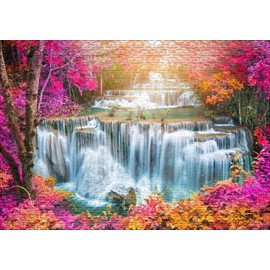 Ulmer Puzzleschmiede - "Cascades in Autumn Magic" Puzzle - Classic 1000 Piece Landscape Puzzle - Puzzle Motif Scenic Waterfall Steps in Mysthically Colourful Autumn Forest