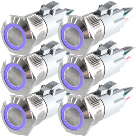 MSAEIQUN 19mm Latching Push Button 12V DC On Off Switch Silver Shell with LED Round Head Toggle Switch 12v with Wire Socket Plug Waterproof Switch for Boats Cars Truck pake of 6 (19mm, Silver, 6)