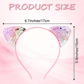 Qianyu 2 Pack Reversible Sequin Cat Ears Headband Glitter Cat Hairbands Shiny Cute Kitty Headband Hair Metal Hoop Hair Accessories for Women Girls Daily Wearing and Party Decoration (white,pink)