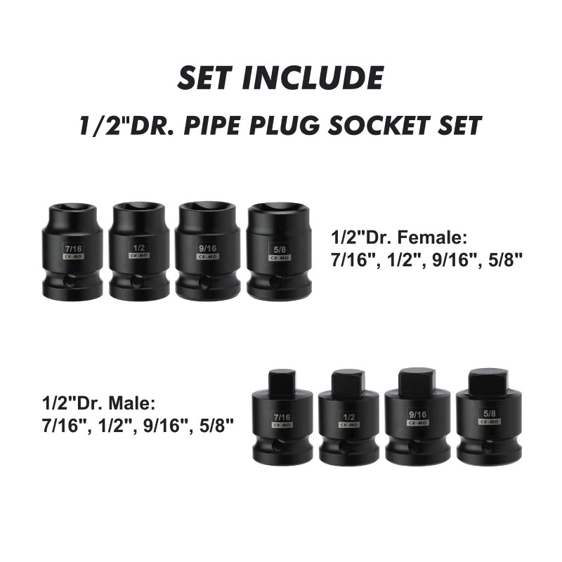 Focus tool 8PCS 1/2-Inch Drive Pipe Plug Socket Set Cr-Mo