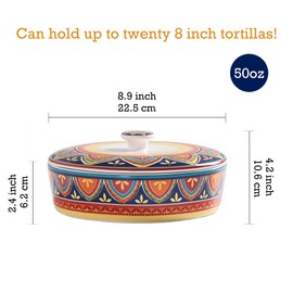 Bico Tunisian Ceramic Tortilla Warmer, 8.9 Inch Tortilla Holder with Lid for Taco Bread Pancake for Mexican Night and Party, Microwave and Dishwasher Safe