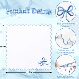 FYSUIMU 4Pcs Blue Bow Embroidered Cloth Napkins Coquette Scalloped Dinner Napkins 11.8 x 11.8 Inch Reusable Kitchen Tabletop Collection for Birthday Wedding Party Table Supplies