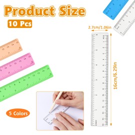 10 Pack Plastic Ruler 6 Inch 5 Assorted Color Small Plastic Ruler Straight Edge Ruler Flexible Ruler Measuring Tool Rulers Bulk for Kids School Office Classroom