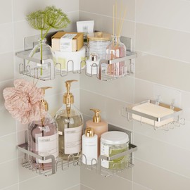TIDIIABODE Corner Shower Caddy 3 Pack, Shower Shelf with Soap Holder & 24 Hooks, No Drill Shower Organiser, Stainless Steel Bathroom Shelves, Bathroom & Kitchen Storage, Silver