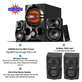 Boytone BT-424FN, 2.1 Multimedia Bluetooth Speaker System Powerful Shelf Stereo Wired Systems, FM, SD Slot, USB Port, MP3 Format, 40 Watts, LED Light, Remote Control, for Smartphone, Tablet
