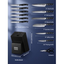 Knife Set, D.Perlla 14 Pieces Kitchen Knife Set with Built-in Sharpener, Stainless Steel kitchen Knives with Unique Waved Pattern, Non-slip Handle, Black
