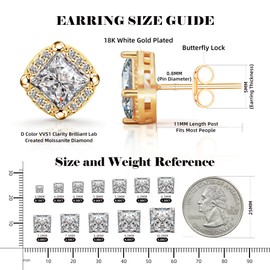 Queenou New Princess Cut Moissanite Stud Earrings for Men & Women, 18K White Gold Plated Sterling Silver, D Color VVS1 Lab-Created Moissanite, Brilliant Hypoallergenic Jewelry Gift (Moissanite-Gold, 2.4ct-(1.2ct*2))