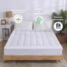 Sacred Thread Quilted Fitted Mattress Pad, Cooling Mattress Topper with 18 Inch Deep Pockets, 100% Cotton Mattress Cover, Breathable and Noiseless, Durable Elastic