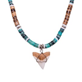 BlueRica Shark Tooth on Tiger Brown Coconut & Green Shell Beads Necklace (20" 3U)