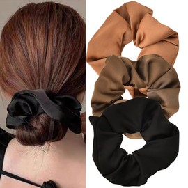 Silk Hair Scrunchies for Women Girls Soft Satin Scrunchies Big Hair Bobbles Ponytail Holders for Thick Hair Rubber Bands for Womens Brown Elastic Hair Ties 3 Pcs