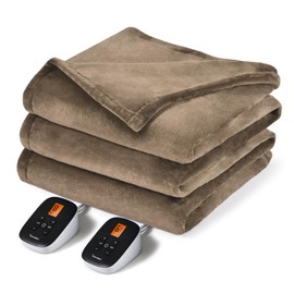Sunable Heated Electric Blanket - Machine Washable Blanket with Time Settings 10 Heat Settings Queen Size 84×90 inches Taupe -Velvet