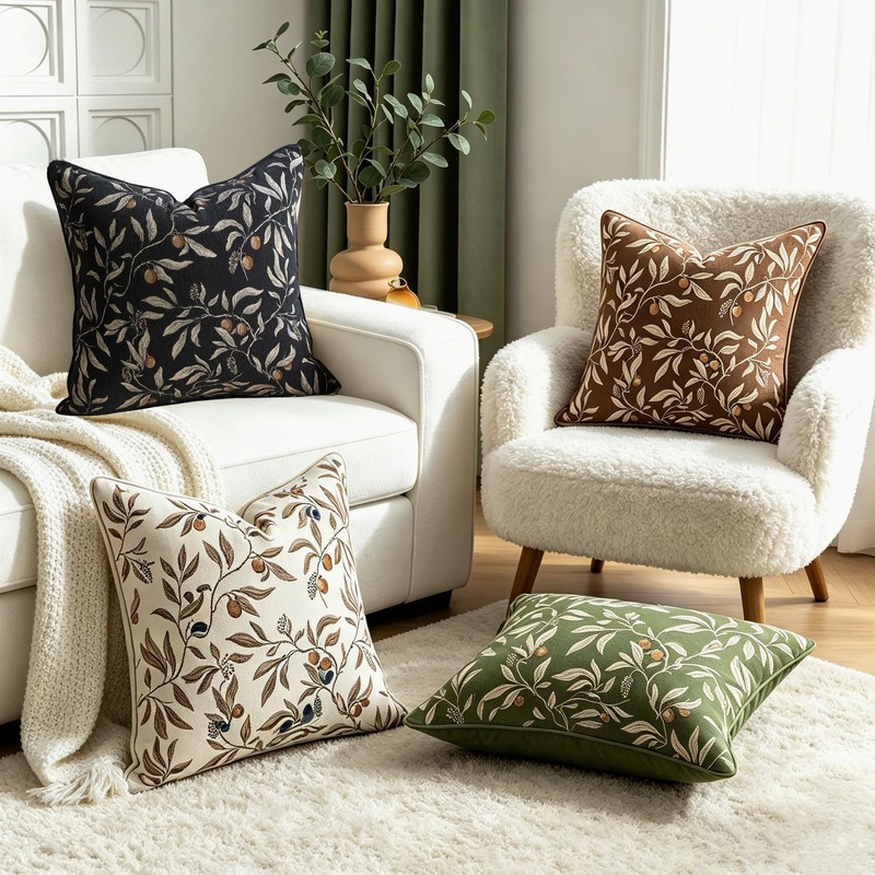 Terracotta Chenille Jacquard Botanical Fall Throw Pillow Covers 18x18 2