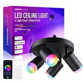 LEONLITE Smart LED Ceiling Spotlight Fixture, Dimmable Ceiling Spot Lights Indoor, 4 Lights Flush Mount, Work with 2.4GHz WiFi & Bluetooth, APP Voice Control, 16 Million Colors, CRI90, Black