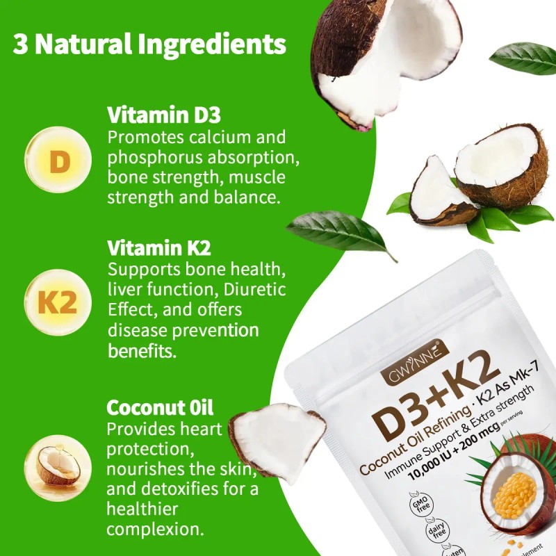 Gwynne Vitamina 000ui 200mcg 120cápsulas Aceite Coco Vírgenapoyo Óseo Inmunológico