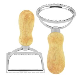 Ravioli Stamp Maker Cutter,Mold with Wooden Handle and Fluted Edge,Pasta Press Kitchen Attachment for perogis and ravioli（1 Round & 1 Square）
