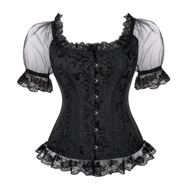 SZIVYSHI Black Corset - Satin Lace Up Overbust Corset - Spiral Steel Bones Corsets with Cap Sleeves - Size S