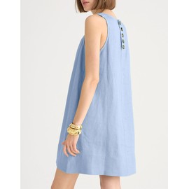 YEXPINE Women Linen Sleeveless Dresses Casual Button Back Tunic Shift Dress Summer Beach Mini Tank Dress Blue
