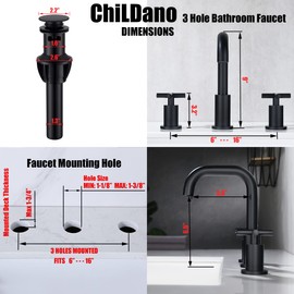Black 8 Inches 3 Hole Bathroom Faucet, 2 Handle Widespread Bathroom Faucets Matte Black with Valve and Pop-Up Drain Assembly by ChiLDano, CH3163BK