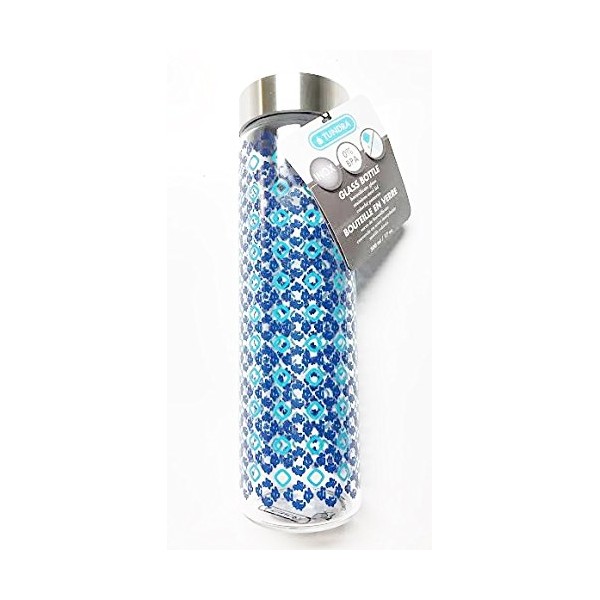 Tundra 17 oz. Glass Water Bottle & Stainless Steel Lid - Navy Blue Lattice