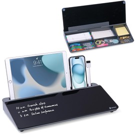 Varhomax Glass Desk Whiteboard with Storage, Desktop Organizer to-do List Memo Notepad Dry Erase White Board for Home Office and School Supplies (Gray&Black)