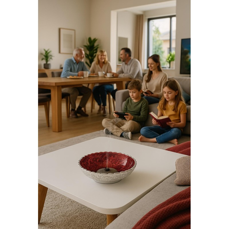 Jamu Incense Bowl Red with Peacock Pattern Aluminium Round