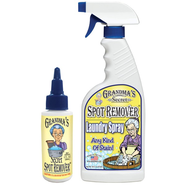 Grandma's Secret Spot Remover Laundry Spray - Chlorine, Bleach and Toxin-Free Stain Remover for Clothes - Fabric Stain Remover Removes Oil, Paint, Blood and Pet Stains - 16 oz & 2 oz Combo, DuoPack