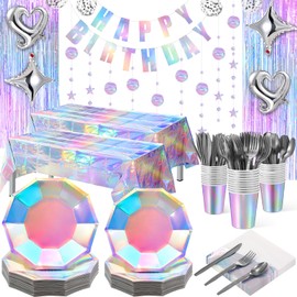 Funnymoom 366 Pcs Iridescent Birthday Party Decoration Set Disco Groovy 60s 70s Party Supplies Include Disposable Iridescent Paper Plates Cups Tinsel Foil Fringe Streamers Backdrop Banner Balloons
