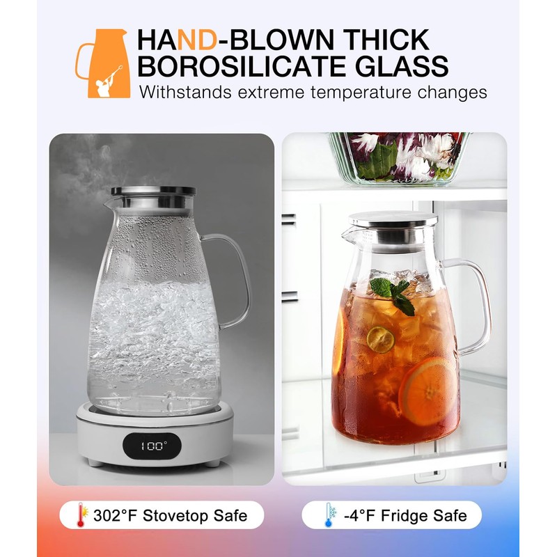 Potdoctor Glass Pitcher with Lid, 1 Gallon 128oz Water Pitcher