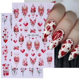 4 Sheets Valentine Nail Stickers Heart Nail Decals 3D Self-Adhesive Love Tree Rose Design Valentines Nail Art Stickers Decoration Nail Supplie Acrylic Nails for Women