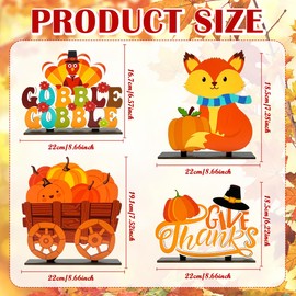 Thanksgiving Wooden Table Signs Fall Table Decorations with Pumpkin Turkey Fox Fall Wood Tabletop Signs Tiered Tray Decorations for Thanksgiving Party Supplies 4PCS