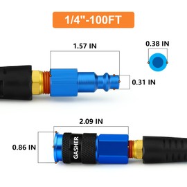 GASHER 1/4" x 100FT Polyurethane Air Hose, 1/4" AMT Universal Air Coupler, Composed of Brass And Blue PU hose, Easy to Install, For Air Compressor