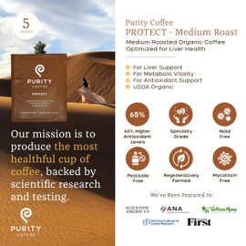 Purity Coffee PROTECT Highest Antioxidant Light-Medium Roast - USDA Certified Organic Specialty Grade Arabica Single-Serve Packets - Third Party Tested for Mold, Mycotoxins, Pesticides - 5 ct Box
