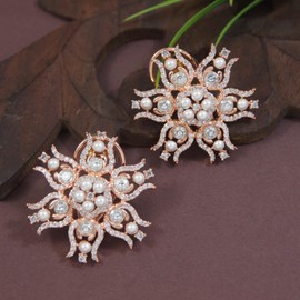 I Jewels Latest Stylish Rose Gold Plated Fashion Cubic Zirconia Diamoand & Pearl Stud Earrings For Women (E3272RG), Free Size, No Gemstone