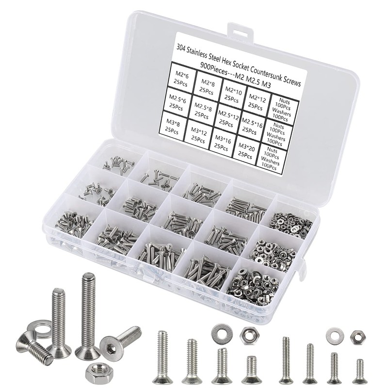 FandWay 900Pcs M2 M2.5 M3 Hex Socket Countersunk Screws,304 Stainless