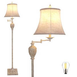 Traditional LED Floor Lamp with 350° Adjustable Swing Arm Lamp – Vintage Pole lamp Swing arm for Living Room, Bedroom and Office – Rustic Upright Floor Light for Home Décor with Faux Silk Fabric Shade