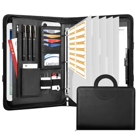 Leathario 3-Ring Portfolio Binder, Includes 5 Folder Index Dividers, 13 Inch Tablets Organizer with Handle, Vegan Leather A4 Padfolio, Multi-Pocket Notepad Business Planner Professional Document